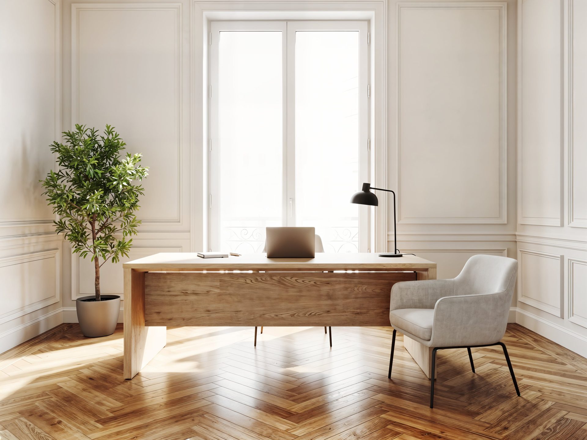 Bureau du cabinet, parquet et lumière naturelle